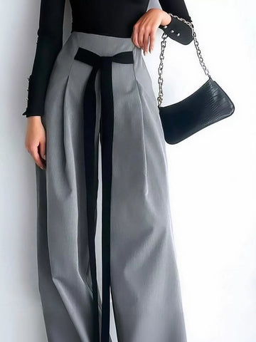 High Waisted Tie Waist Wide Leg Trousers
