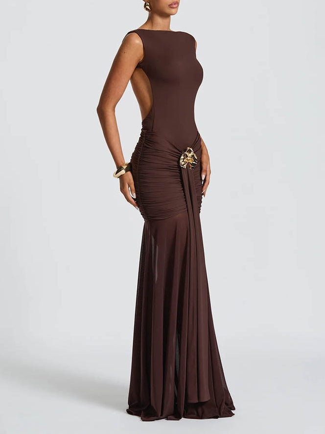 Elegant Ruched Mesh Maxi Dress