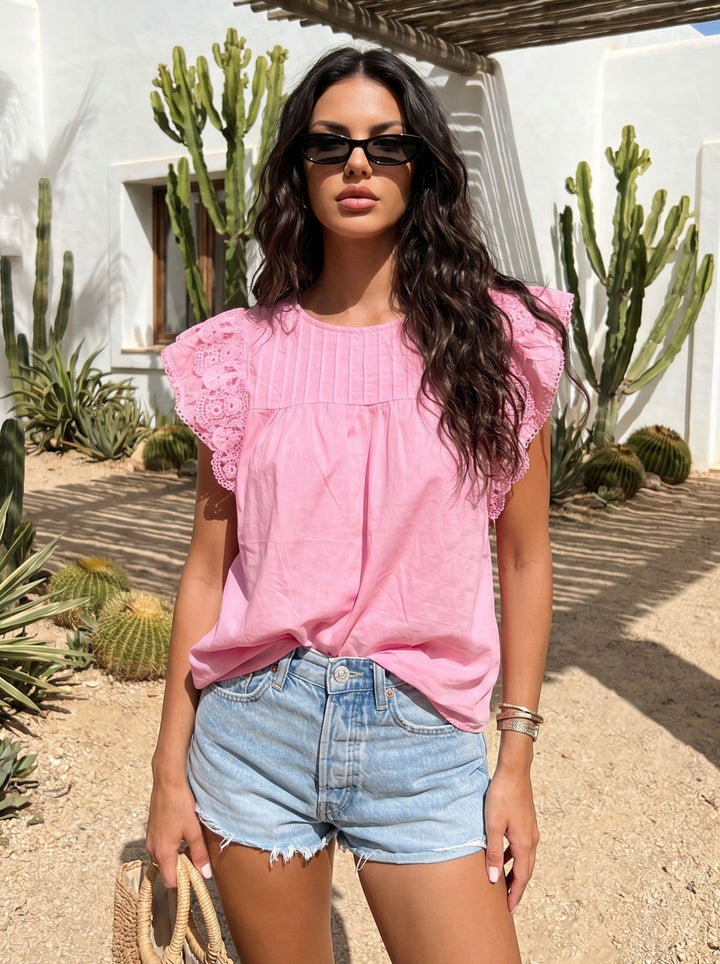Flutter Sleeve Lace Trim Blouse
