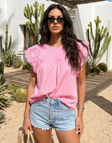 Flutter Sleeve Lace Trim Blouse