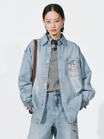 Urban Revivo Embroidered Patch Pocket Denim Shirts-Sky Blue