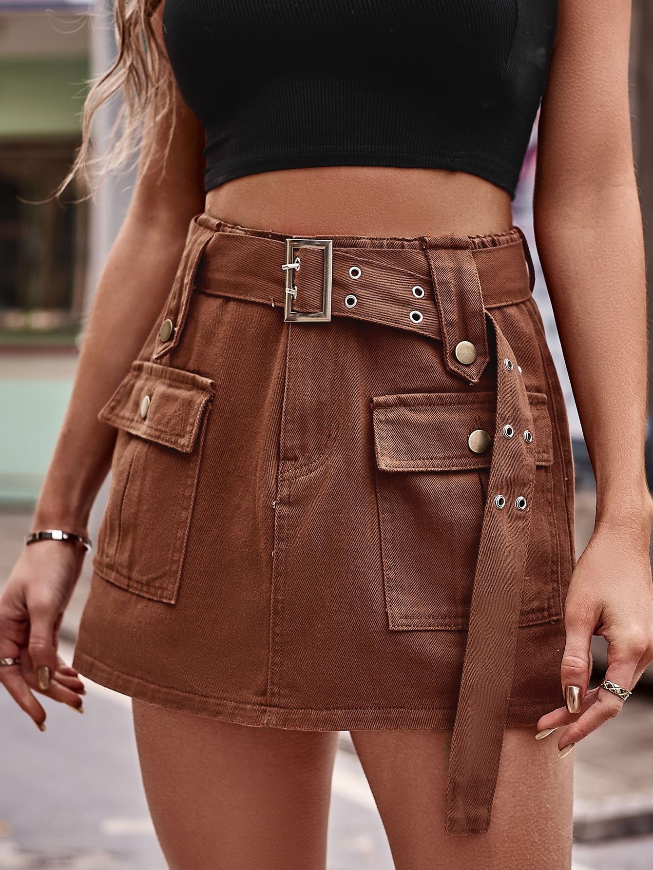 Brown Utility Belted Denim Mini Skirt