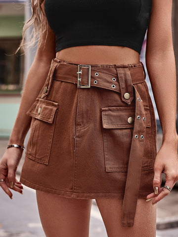 Brown Utility Belted Denim Mini Skirt