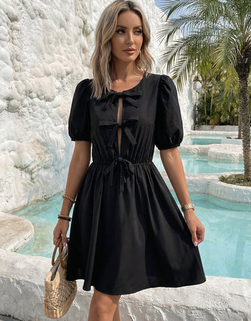 Puff Sleeve Oversized Bow Elegant Mini Dress