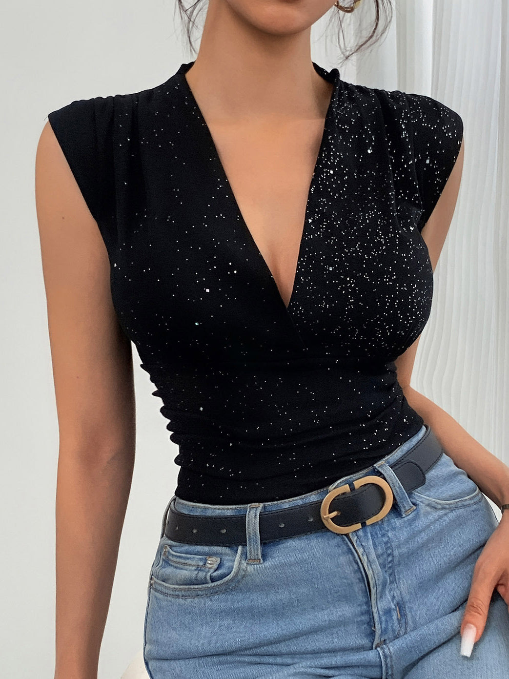 Shimmering V Neck Ruched Tank Top