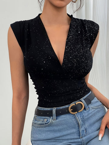 Shimmering V Neck Ruched Tank Top