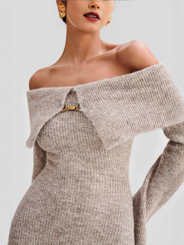 Off Shoulder Ribbed Knit Midi Dress