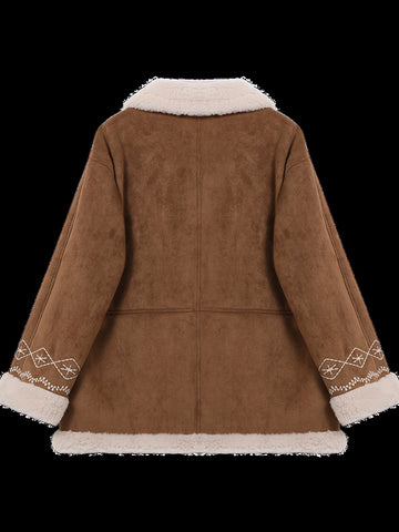 Embroidered Snowflake Faux Suede Sherpa Coat