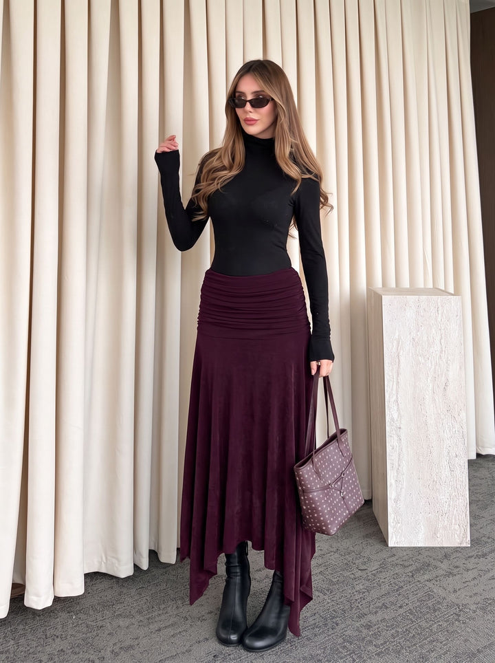 Ruched High Waist Midi Skirt