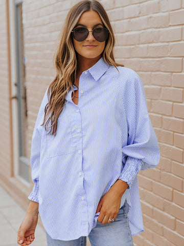 Oversized Striped Smocked Cuff Button Down Shirt