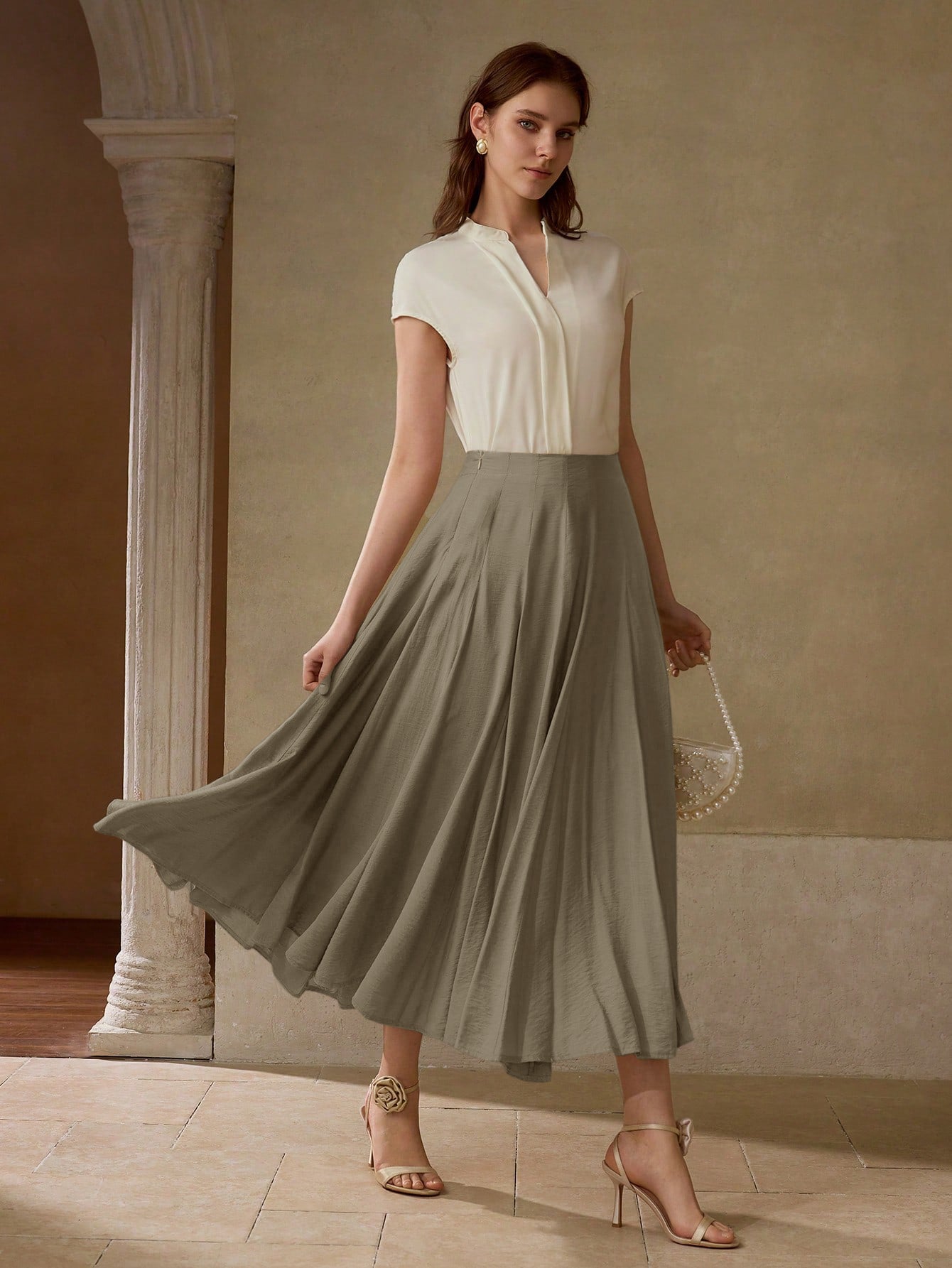 High Waisted Flowy Midi Skirt
