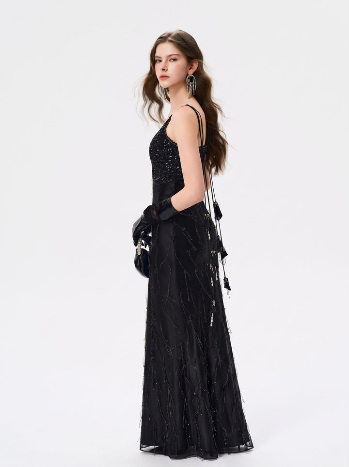 Embellished Satin V Neck Maxi Dress