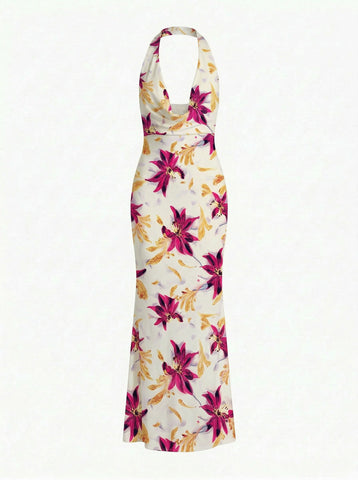 LILA Floral Print Cowl Neck Bodycon Midi Dress