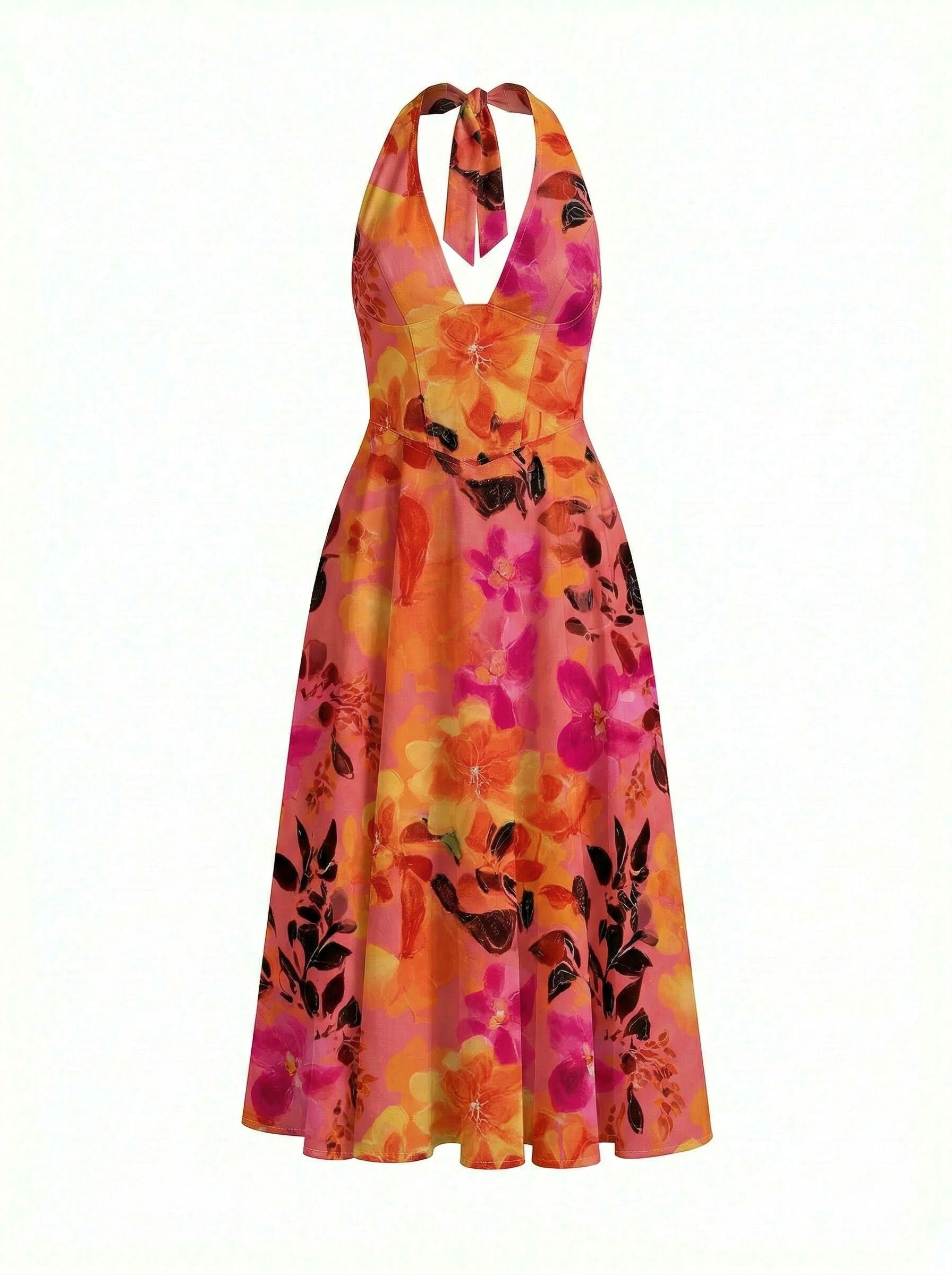 Floral Print Halter Neck Tie Back Midi Dress