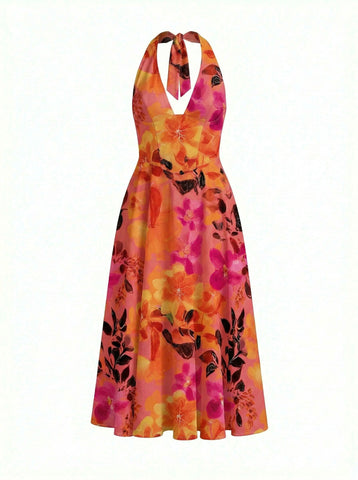 Floral Print Halter Neck Tie Back Midi Dress