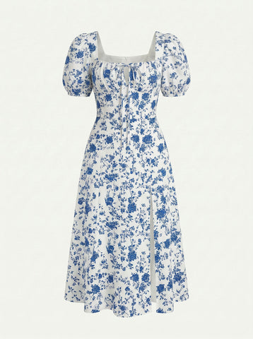 Floral Print Puff Sleeve Tie MidiDress