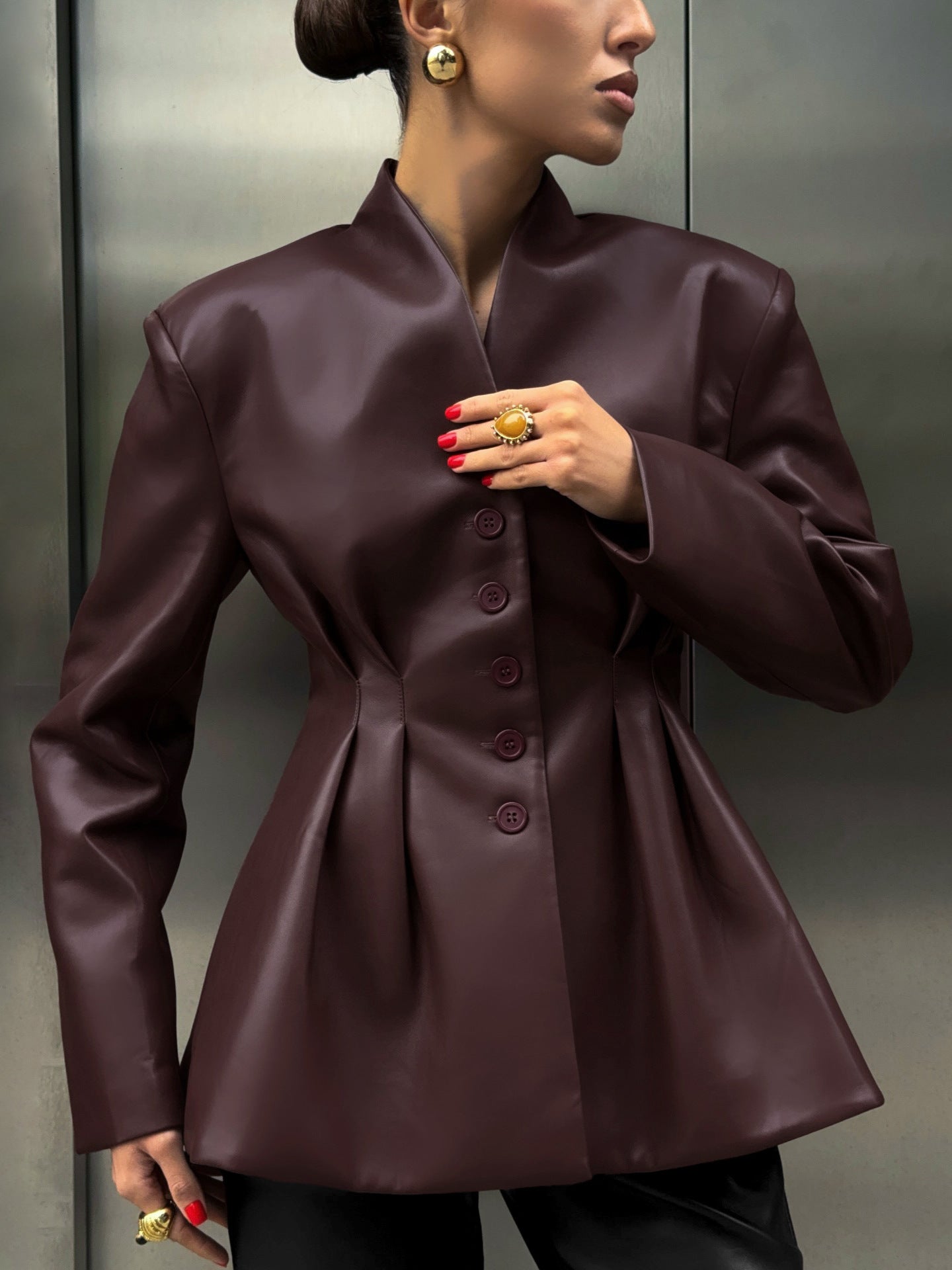 Tailored Cinched Waist Faux Leather Jacket