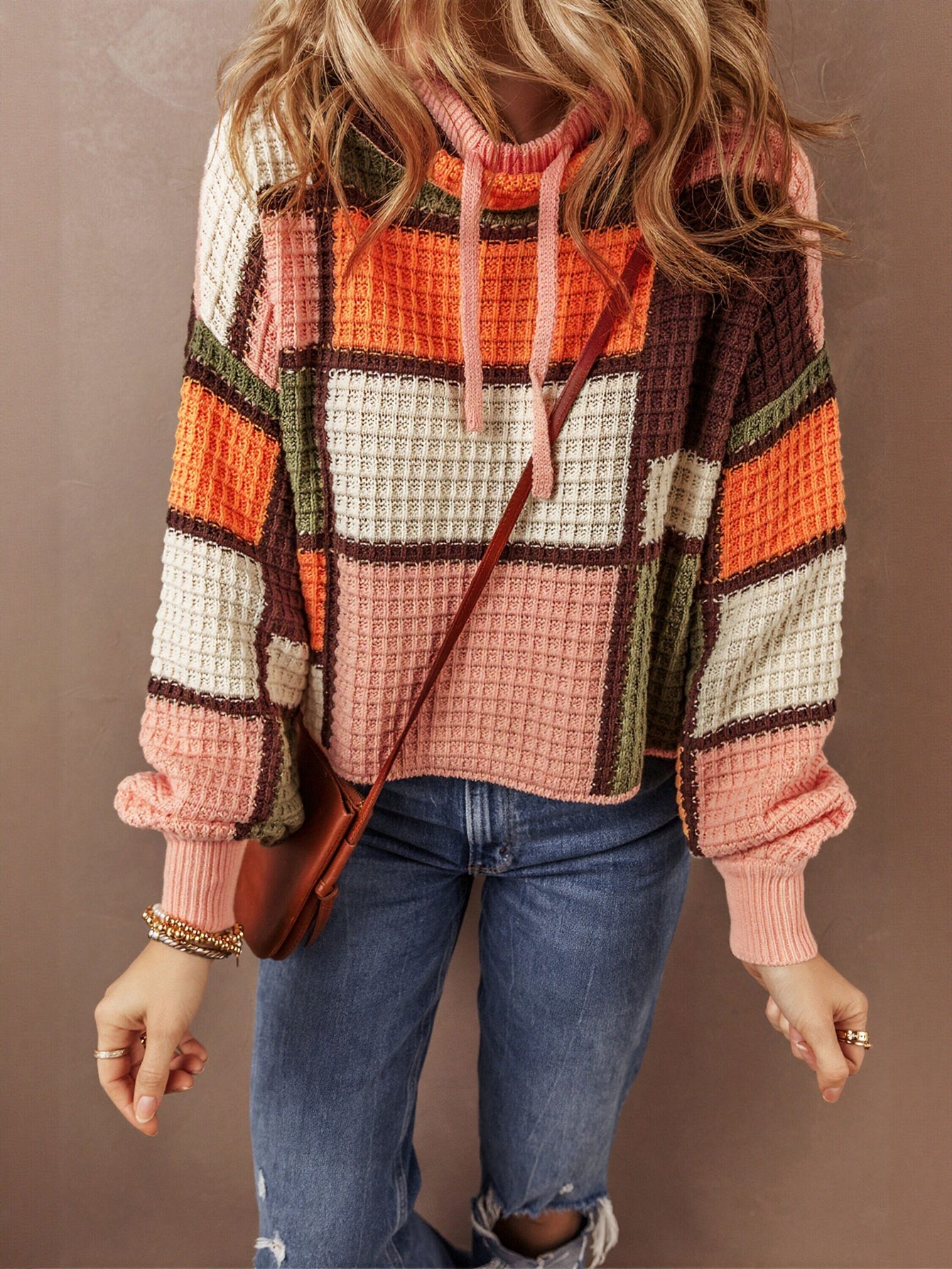 Colorblock Waffle Knit Hooded Sweater