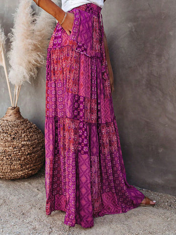 Tiered Floral Print Boho Maxi Skirt