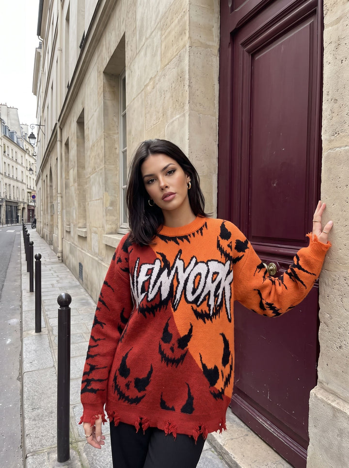 Distressed Graphic Oversized Knit Sweater