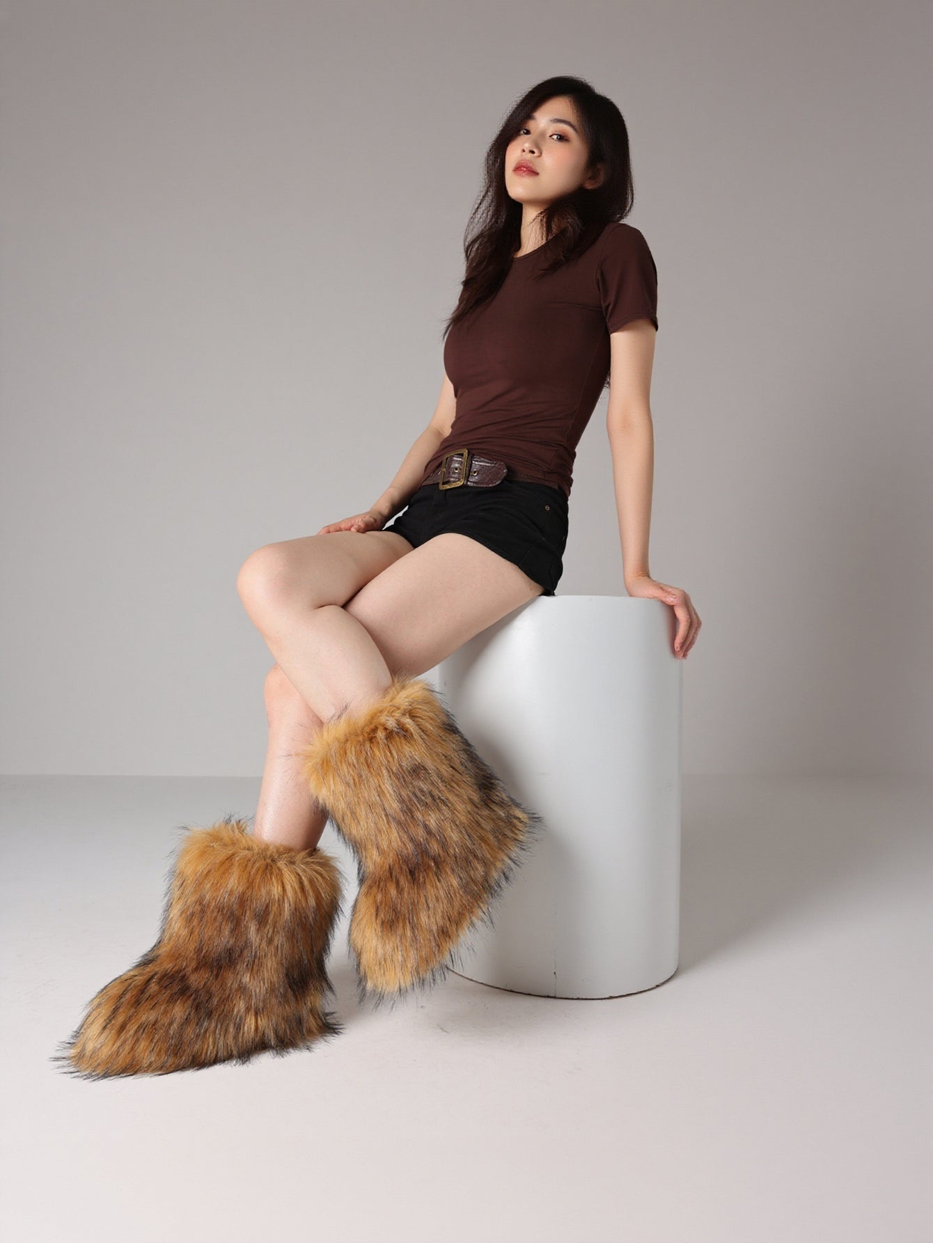 Plush Sheepskin Mid-Calf Slip-On Cozy Boots-Black