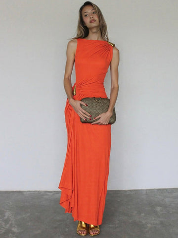 One Shoulder Draped Knot Modern Maxi Dress