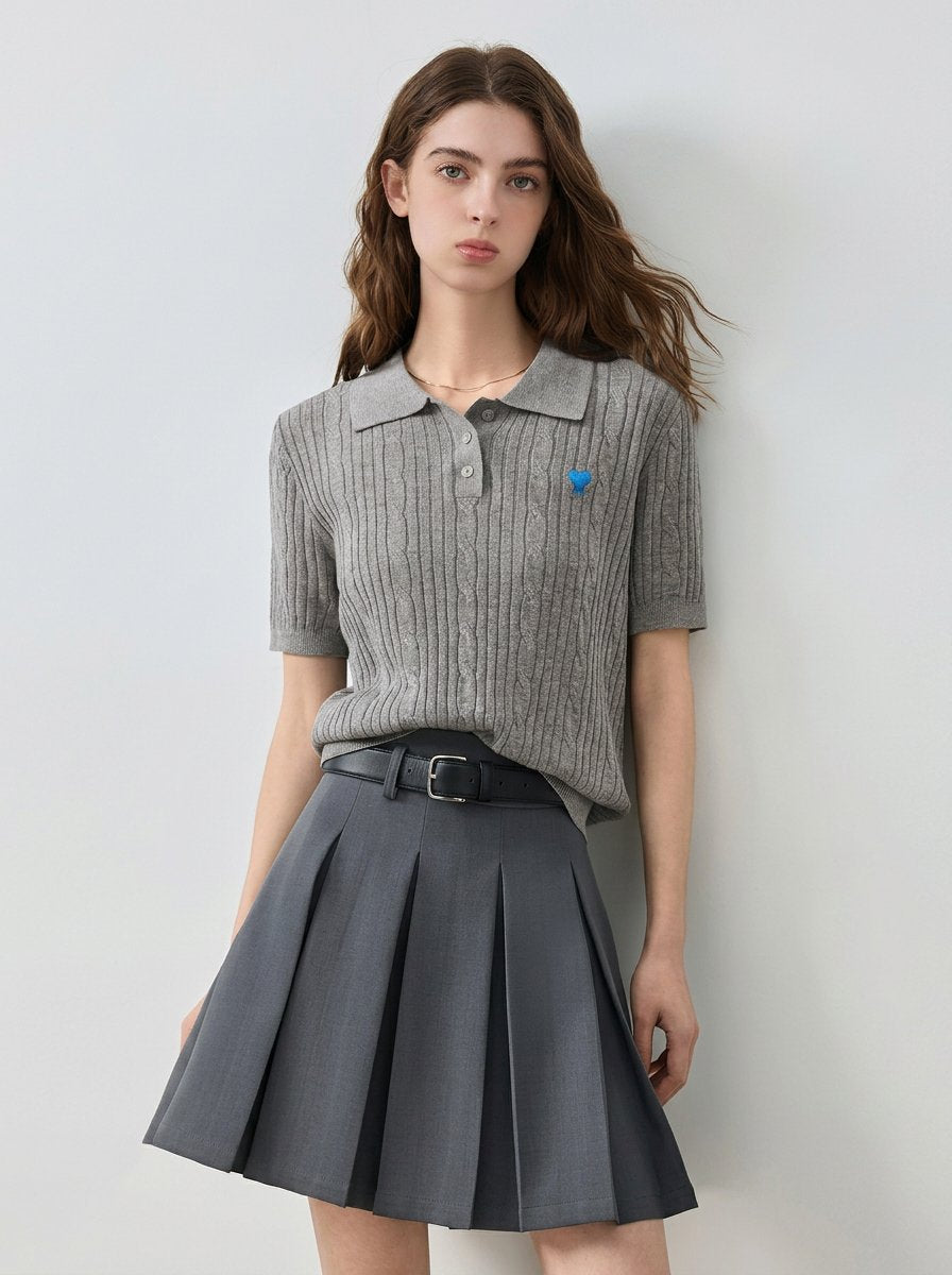 Embroidered Heart Ribbed Polo Sweater