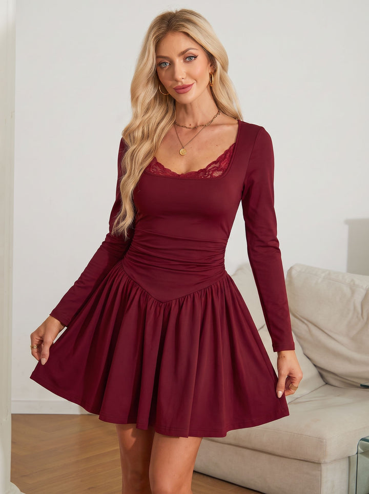 Lace Trim Long Sleeve Mini Dress