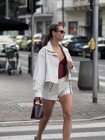 Polka Dot Cropped Stand Collar Jacket