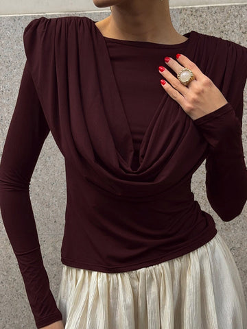 Padded Shoulder Cowl Neck T Shirt