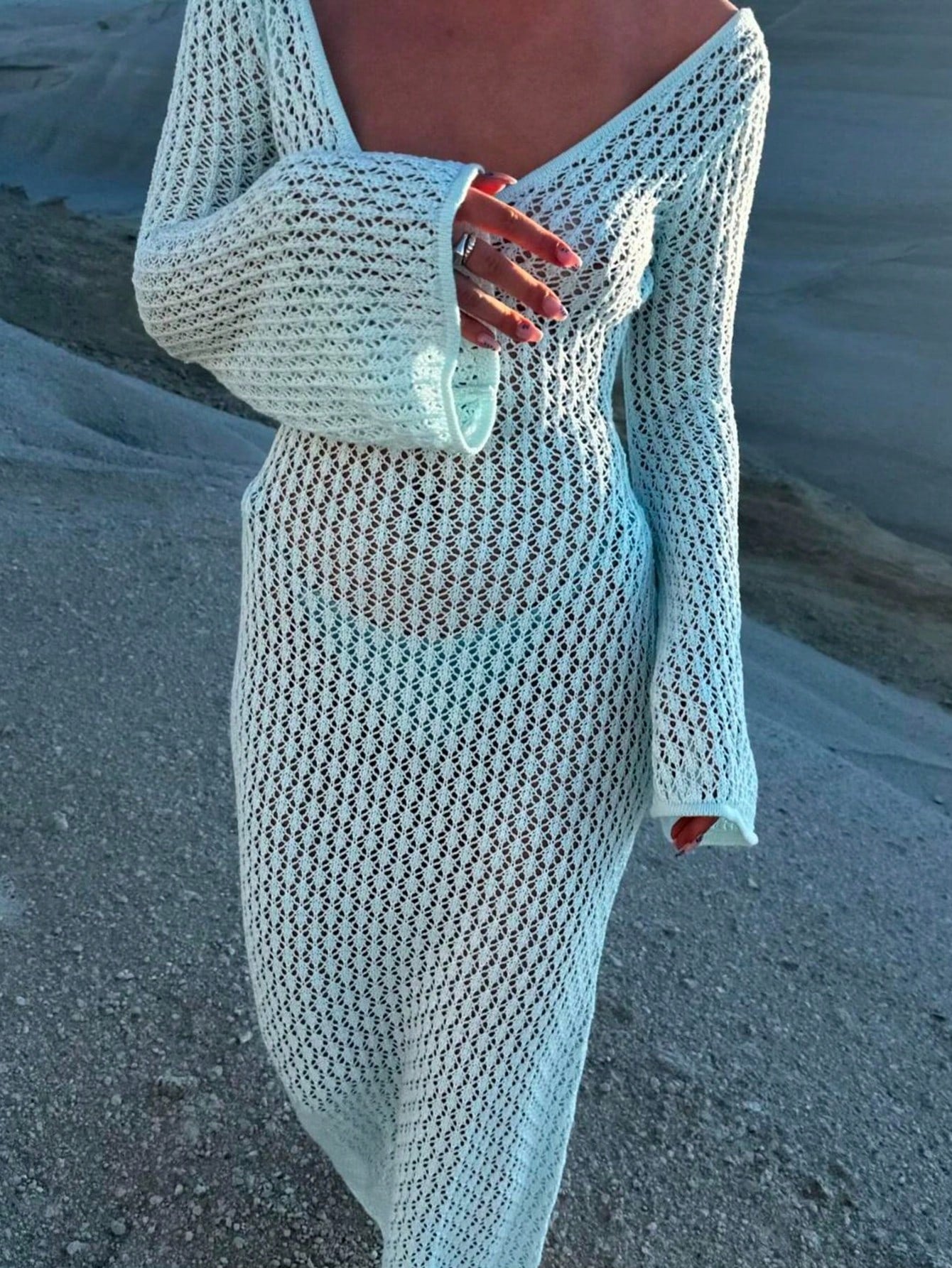 Cutout Detail Lon Sleeve Beach Maxi Dress-Liht Blue