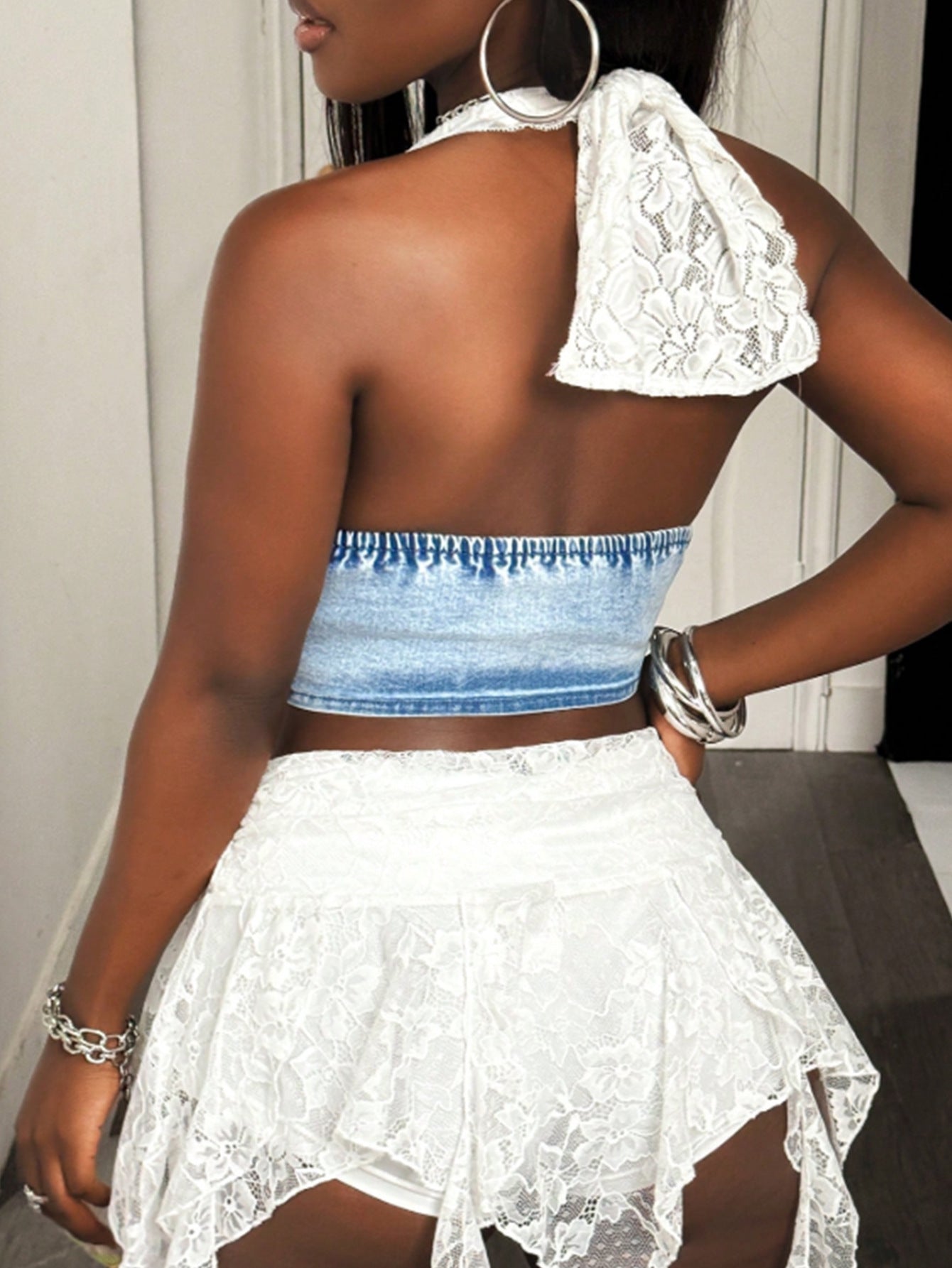 Halter Neck Lace Denim Corset Style Party Top-White