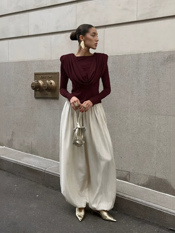 Padded Shoulder Cowl Neck T Shirt
