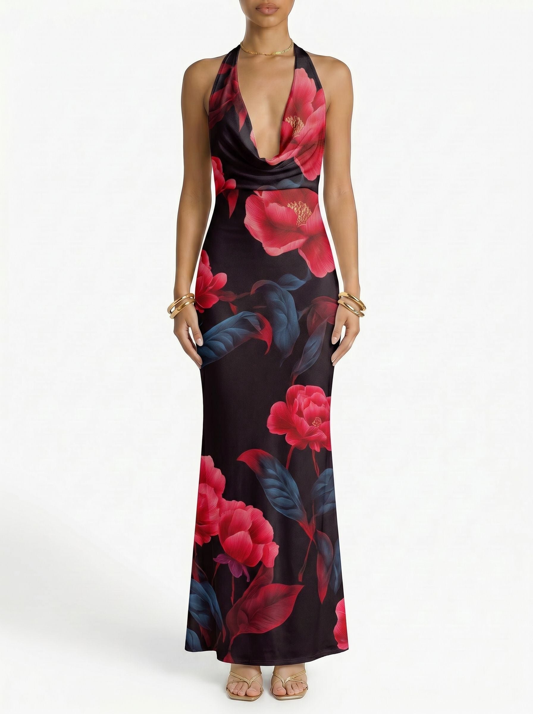 Floral Print Cowl Neck Bodycon Maxi Dress