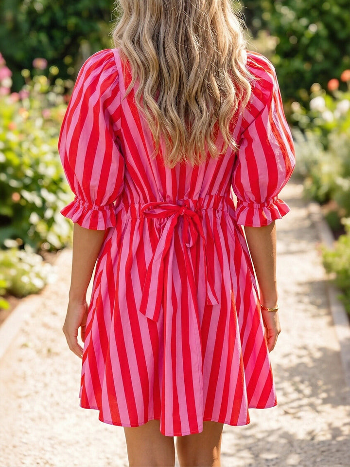 Vibrant Striped Puff Sleeve Mini Dress