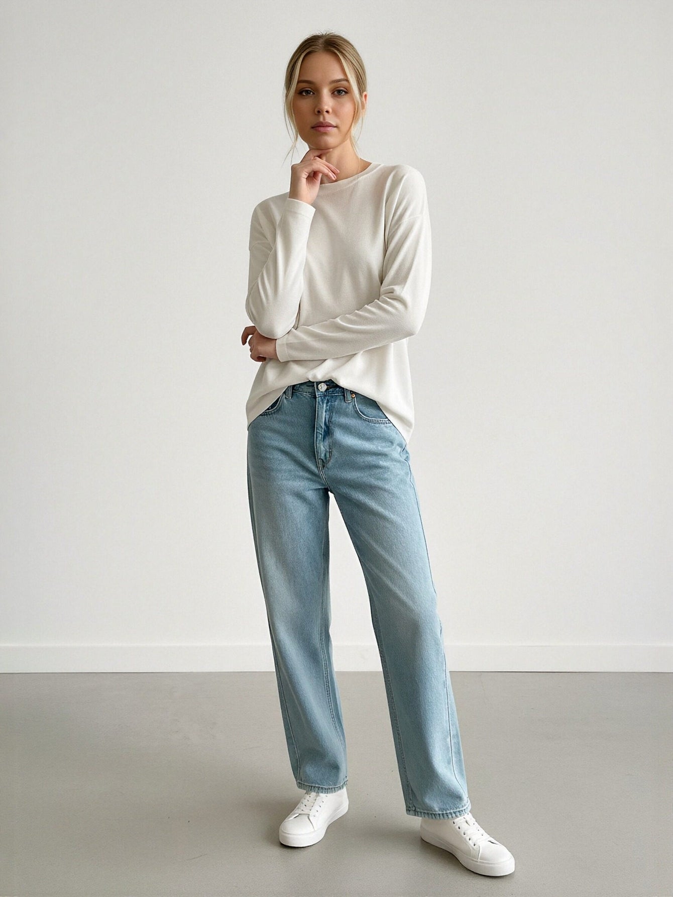 Lon Sleeves Loose Fit Soft Touch Basic T-shirt-White