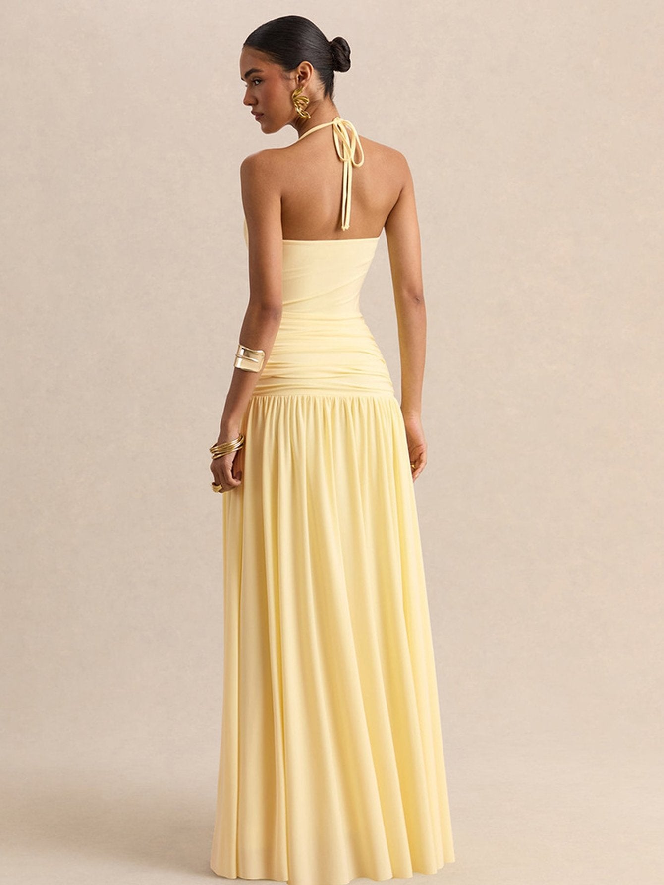 Ruched Halter Neck Maxi Dress