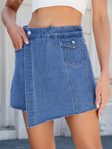High Waisted Raw Hem Denim Skirt