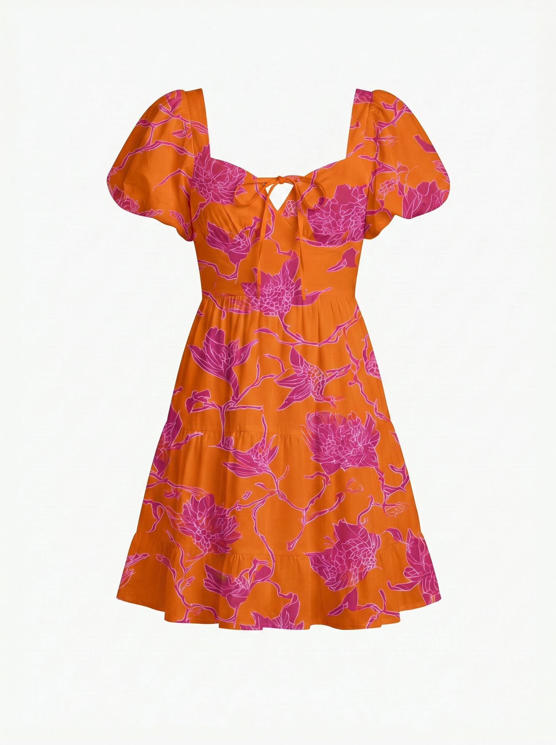 Floral Print Puff Sleeve Tiered Mini Dress