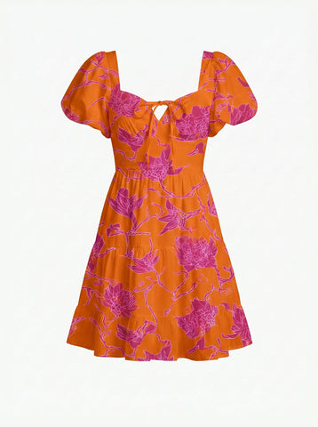 Floral Print Puff Sleeve Tiered Mini Dress