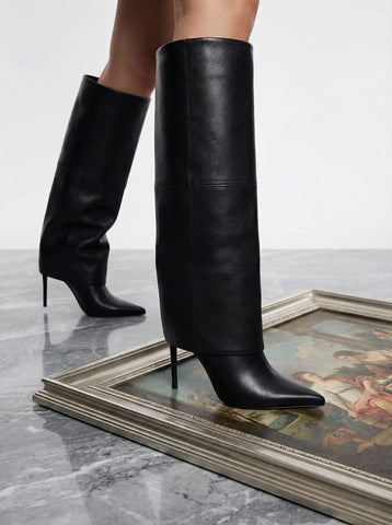 Pointed Toe Stiletto Heel Ultra-Long Shaft Fashion Over-the-Knee Boots-Black