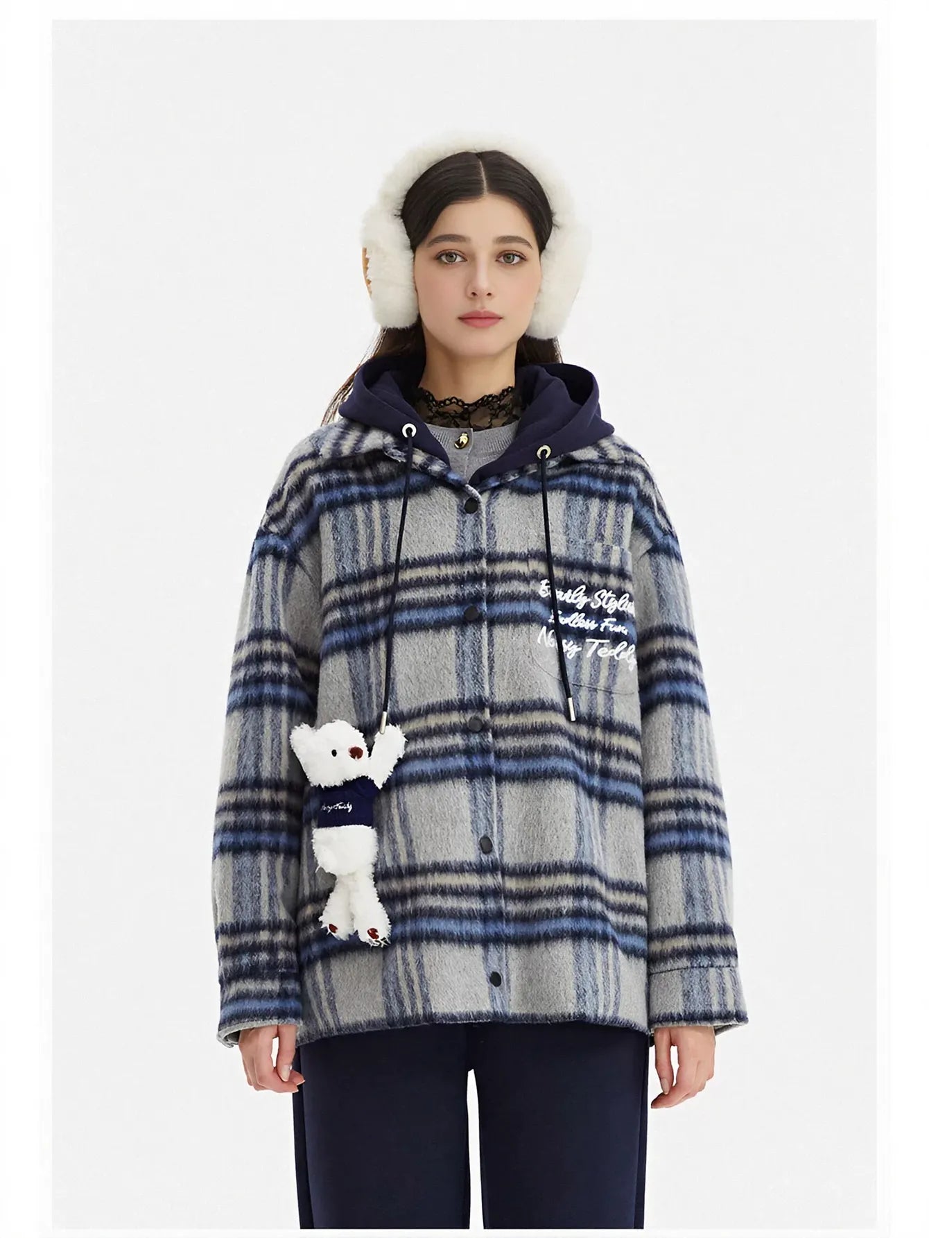 Hooded Plaid Brushed Wool Coat