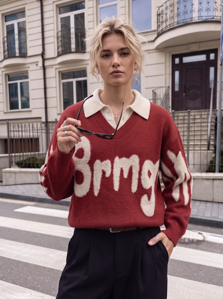Oversized Graphic Collared Knit Pullover