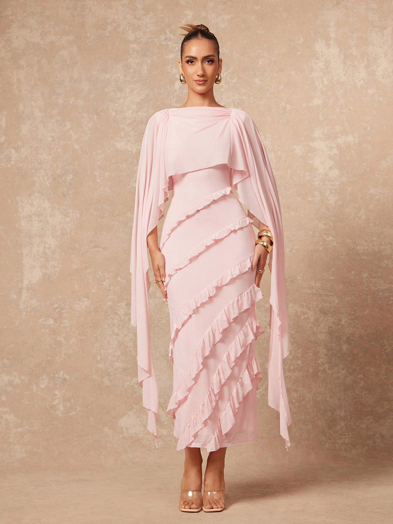 Elegant Ruffled Cape Sleeve Midi Dress