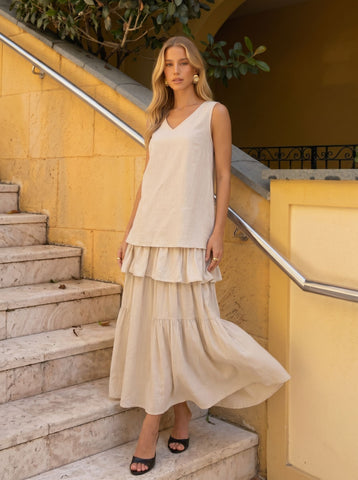 Tiered V Neck Sleeveless Maxi Dress