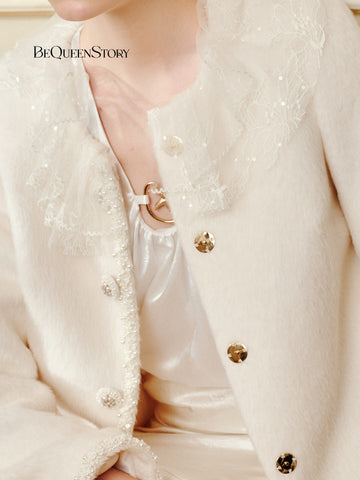 Elegant Lace Collar Wool Blend Coat