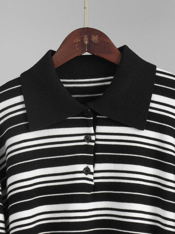Oversized Striped Polo Collar Knit Sweater