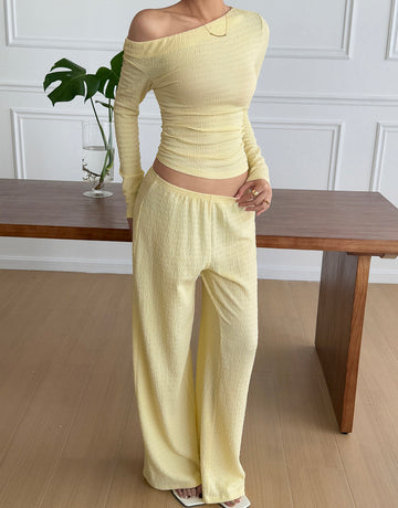 Off Shoulder Top Wide-Leg Pants Casual Set-Lemon Yellow