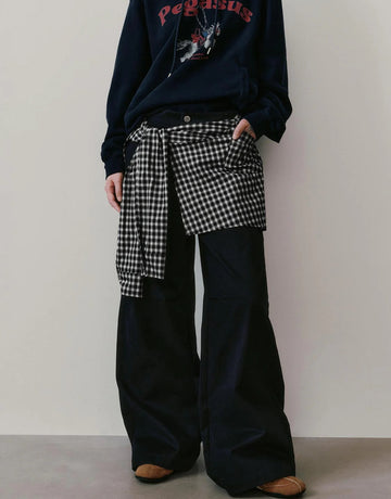 Urban Revivo 2 In 1 Check Overlay Detail Straight Leg Pants-Ink Blue