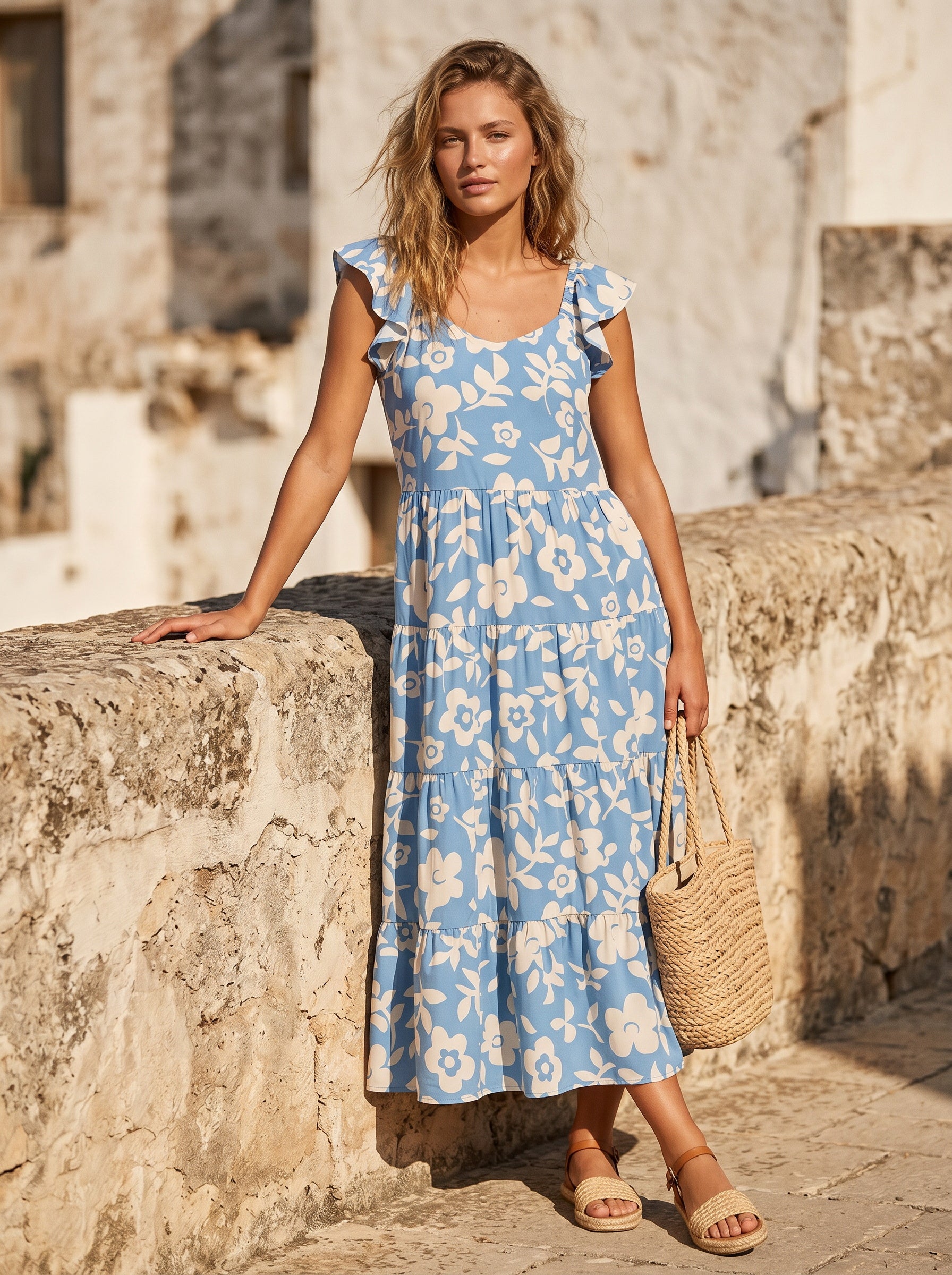 Ruffled Floral Tiered Midi Dress